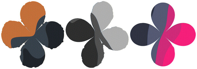 Naklejka premium A retro halftone collage of three stylized four-petal flowers in bold contrasting colors.