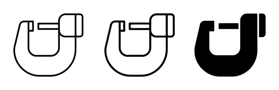 Micrometer silhouette icons set for precision measurement, solid black style, industrial tools