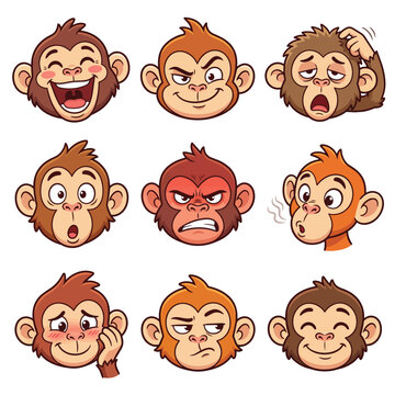 Funny cartoon monkey heads with various facial expressions and moods on white