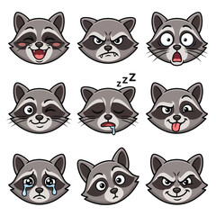 Fototapeta premium Cute raccoon expressions set with funny cartoon faces showing various moods