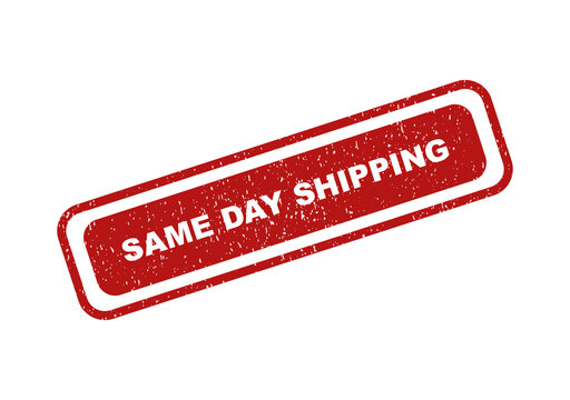 Red rectangular rubber stamp with same day shipping text design