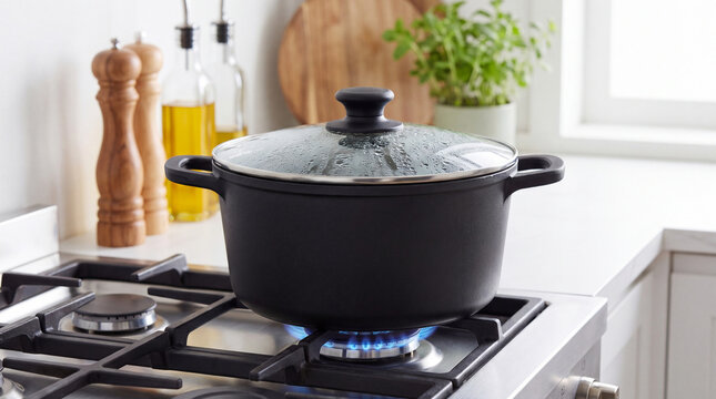 Black cooking pot with lid steaming on a gas stove in a modern kitchen with olive oil and spices in the background