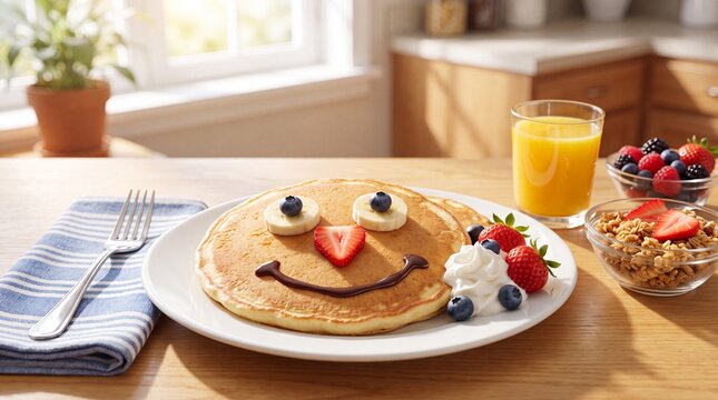 Pancake with fruit and whipped cream arranged to create a smiley face on a plate, accompanied by orange juice and granola in a kitchen setting