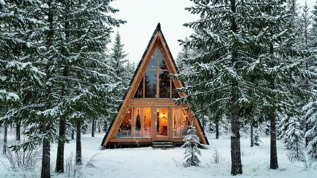 Modern wooden triangular cabin glowing inside snowy pine forest during a winter storm.