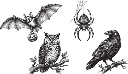 Naklejka premium Halloween vintage engraving set with bat, owl, spider and raven on white background