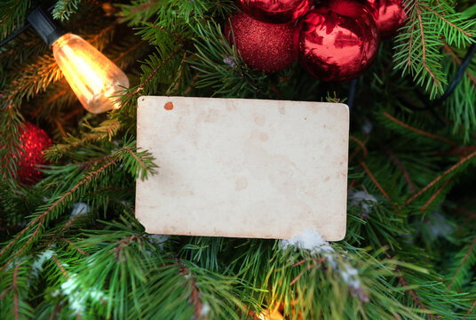 Christmas tree with blank vintage card and red ornaments