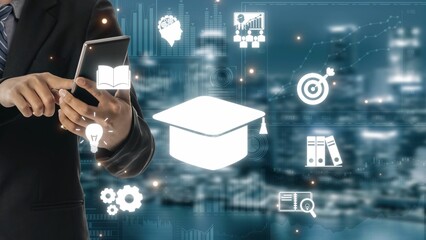 Naklejka premium Online education boosts access to learning. Learn anytime through flexible platforms. Education technology transforms how we learn. Digital learning creates new education experiences worldwide. Muxer