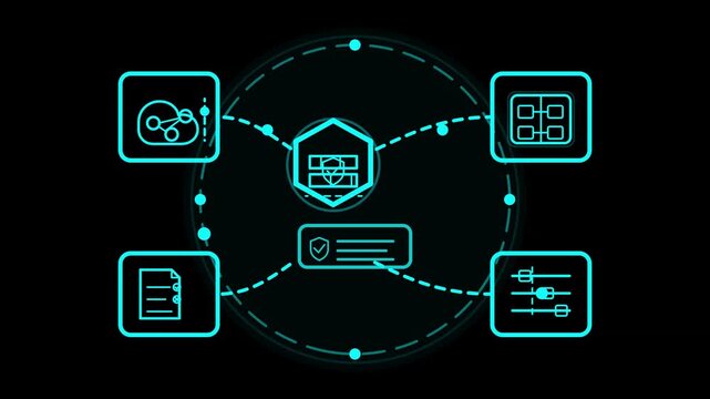 Futuristic cloud computing network interface with glowing neon icons representing data security server storage and system settings