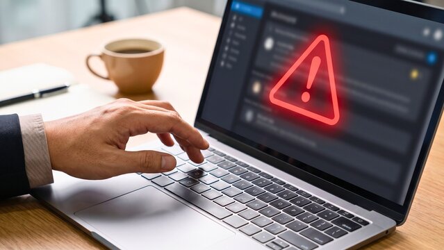 Businessman receiving system error warning on laptop screen while working, highlighting cybersecurity risk and data protection issues