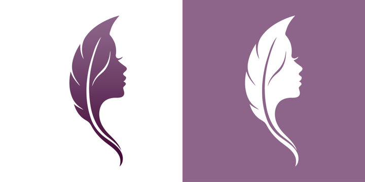 Elegant female profile silhouette combined with a feather shape in purple gradient colors woman silhouette beauty logo hair salon spa emblem face profile graphic design vector illustration