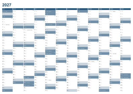 Calendar for the year 2027 with German holidays in German language. Wallplanner, span-a-year calendar