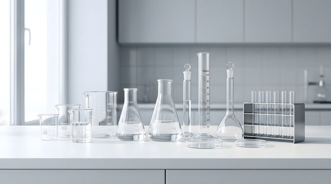 Laboratory glassware set with clear beakers and test tubes on modern lab countertop