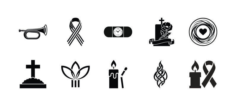 A somber collection of icons representing grief mourning remembrance and the delicate process of coping with