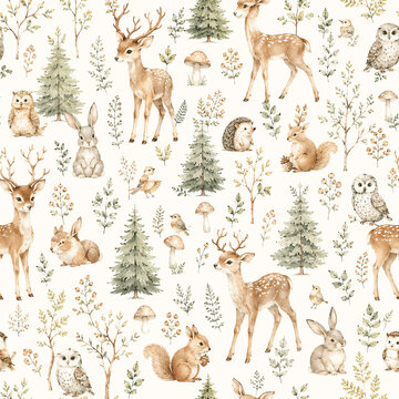  watercolor woodland baby animal seamless pattern featuring cute deer, owls, and pine trees for rustic nursery decor and textile fabrics