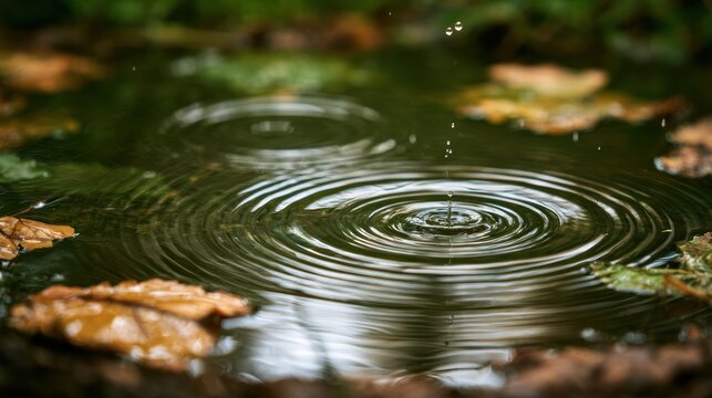 Raindrops fall into a puddle with leaves, causing concentric rings to form and spread across the water surface while soft light shines down.