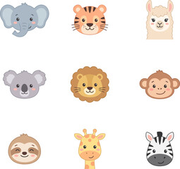 Naklejka premium Set of cute cartoon animal faces including elephant tiger llama koala lion monkey sloth giraffe and zebra