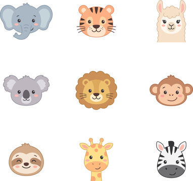 Set of cute cartoon animal faces including elephant tiger llama koala lion monkey sloth giraffe and zebra