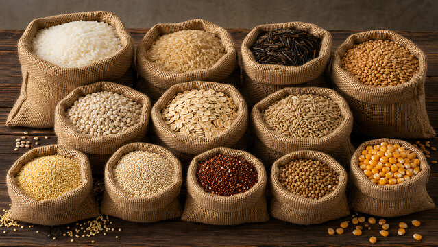 wheat, oats, quinoa, millet, barley, corn and other dry grains displayed in rustic open burlap sacks on a wooden market table.