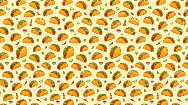 Mexican taco pattern on warm yellow background, Food Theme