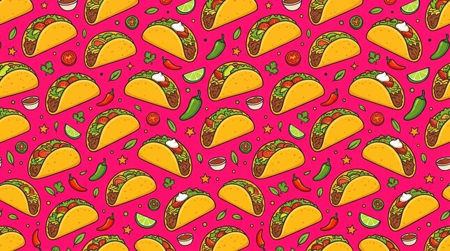 Mexican taco pattern on bright pink background, Culinary Theme