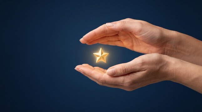 Close up of hands cupped around a shining gold star over dark blue. Symbolizes excellence and high quality service. Perfect for business rating and success concepts.