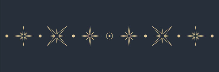 Naklejka premium Geometric outline gold star divider with dots and sparkle symbols, minimal horizontal border for banner, frame and decorative design. Ice shape footer background. Vector illustration