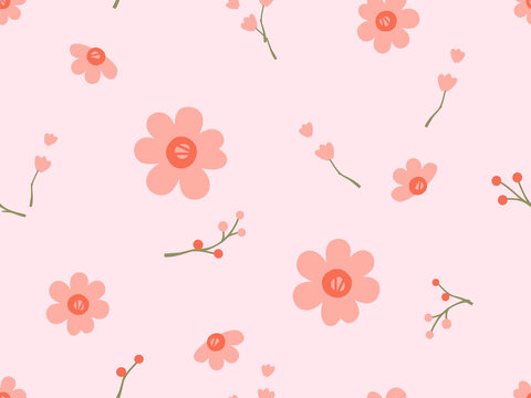 Cute seamless floral pattern featuring coral pink flowers, tiny buds, delicate stems, and berry branches on a soft pastel pink background in hand drawn flat vector.
