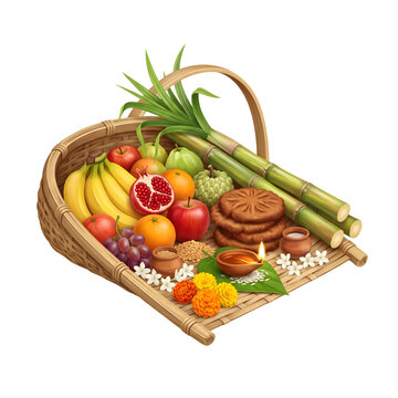 Chhath Puja bamboo soop with fruits and diya isolated on transparent background