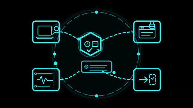 Futuristic Cyber Security Network Diagram with Centralized Data Processing and Digital Technology System Interface Icons