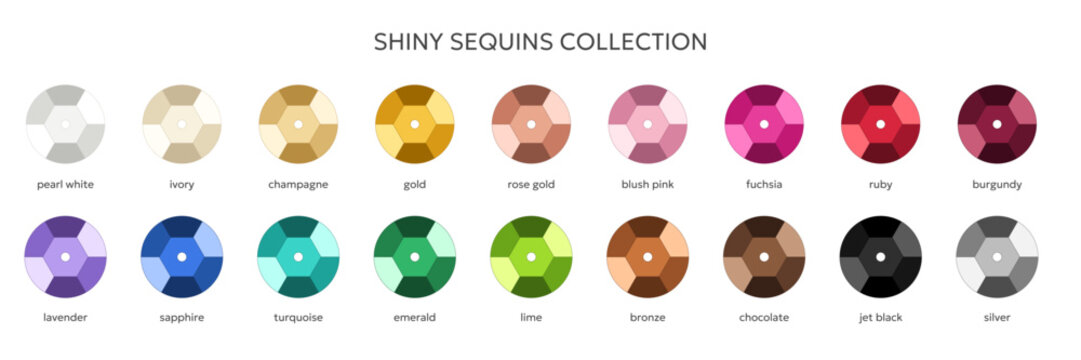 Luxury sequin color palette. Collection of monochrome faceted paillettes. Premium gemstone color guide. vector illustration on white background