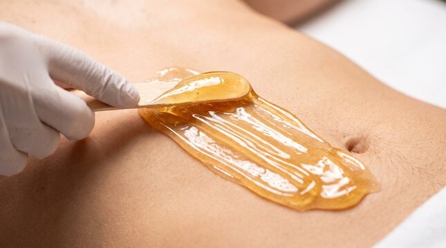 A cosmetologist in gloves applying liquid sugar paste or wax to a man stomach, sugaring hair removal, body depilation.