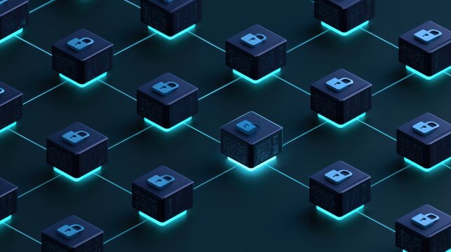 This diagram illustrates blockchain supply chain traceability showing product journey with encrypted blocks and tech infographic style.