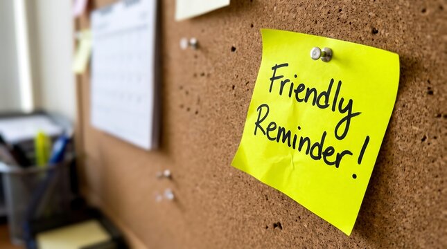 Friendly Reminder handwritten on yellow sticky note, cork bulletin board with push pins, office organization and schedule planning