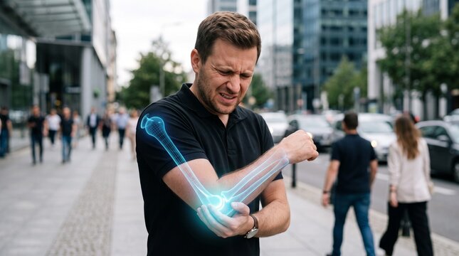 A man touching his painful elbow on a city street with highlighted joint anatomical graphic, elbow inflammation, joint pain concept.