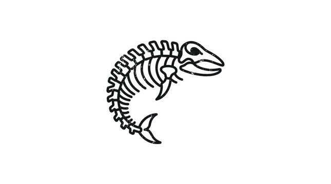 Minimalist black and white vintage fish skeleton illustration with distressed texture isolated on white background, featuring a curved fossilized aquatic creature logo design.