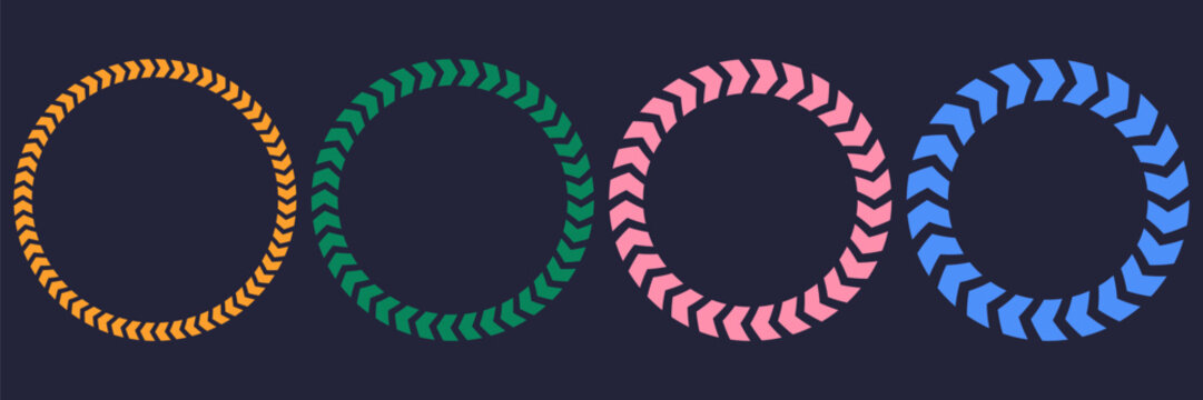 Set of colorful circular frames made of repeating chevron arrow shapes in orange, green, pink, and blue. Abstract geometric design for icons, infographics. Vector illustration