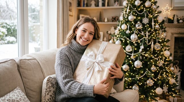 Smiling woman holding large christmas gift box with white ribbon sitting on sofa near decorated tree. Cozy home interior and happy holiday celebration. Christmas festive mood concept