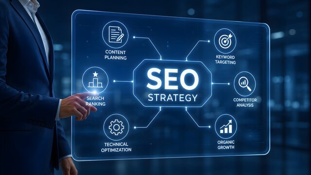 A professional businessman interacting with a digital interface showcasing a modern seo strategy using advanced business technology and data analytics