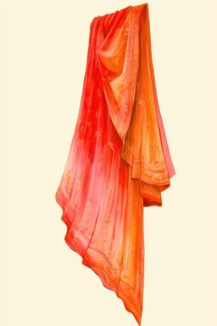 Richly embroidered traditional Indian dupatta in vibrant coral red and saffron orange, featuring delicate floral Phulkari-inspired designs and ornamental borders, elegantly draped