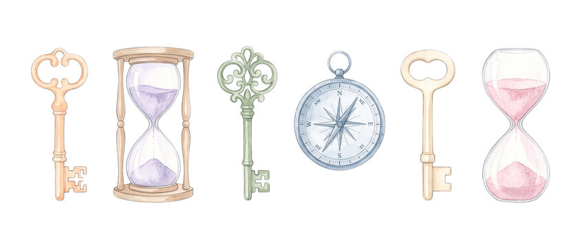 Vintage watercolor key hourglass compass collection isolated on white background for time management concept, historical navigation design elements, antique objects and decorative pastel illustrations