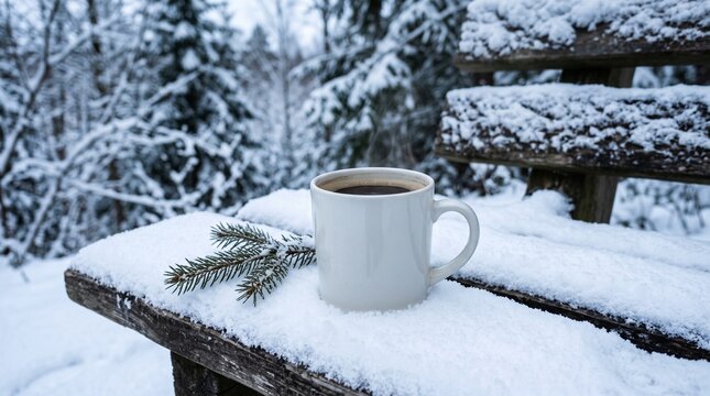 A white ceramic mug with hot coffee placed on a snowy wooden bench, outdoor winter break, cozy lifestyle.
