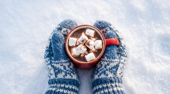 Top view of hands in blue patterned mittens holding a mug of cocoa with marshmallows over snow, cozy winter moment, winter celebration.