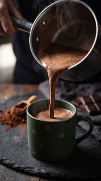 Hot chocolate being poured from a saucepan into a green ceramic mug, cozy beverage preparation, homemade treat.