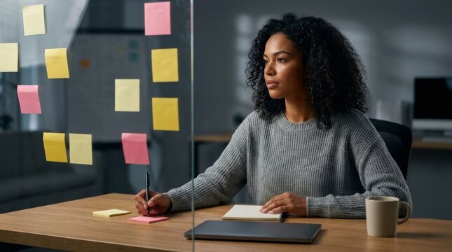 Focused African American woman entrepreneur brainstorming in a modern office with colorful sticky notes on a glass board while writing in a notebook at her desk