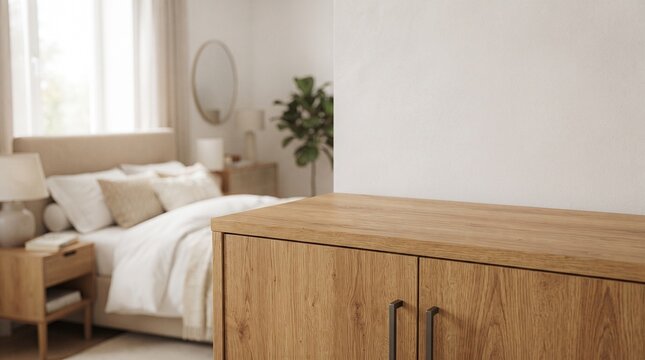 Minimalist wooden sideboard in bright bedroom, oak dresser surface for product mockup, cozy scandinavian interior design