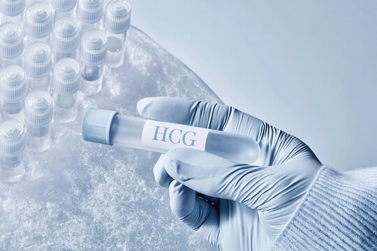 Gloved hand holding a blood sample tube labeled HCG, featuring a cool icy texture and frosted lab setting for reproductive health and clinical campaigns