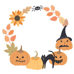 Obraz premium Halloween wreath. Print with cat, pumpkins, leaves. Holiday frame