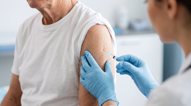 A female nurse administering a vaccine injection into the arm of a senior man, flu shot, elderly immunization.