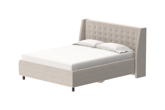 Modern upholstered bed with tufted headboard and clean lines, isolated on white