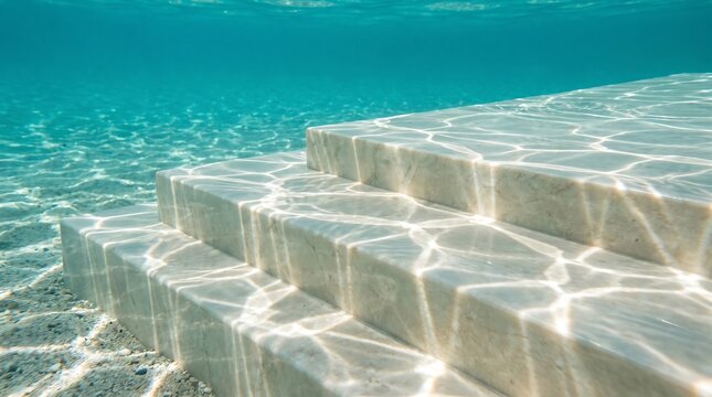 Submerged marble steps in crystal clear turquoise ocean water with dancing light patterns on surface providing elegant underwater architectural podium for ads.